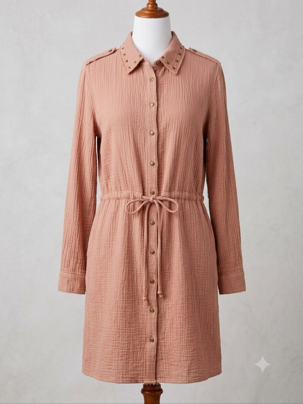 Hem And Thread Textured Button-Front Cotton Shirt Dress, Size Large